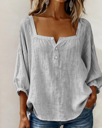 Women's Linen-Look Square-Neck Blouse with Puff Sleeves and Buttons - Maisie London