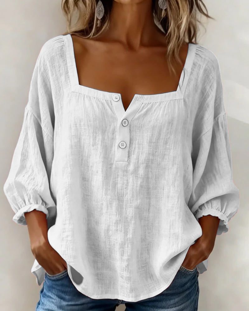 Women's Linen-Look Square-Neck Blouse with Puff Sleeves and Buttons - Maisie London