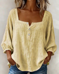 Women's Linen-Look Square-Neck Blouse with Puff Sleeves and Buttons - Maisie London