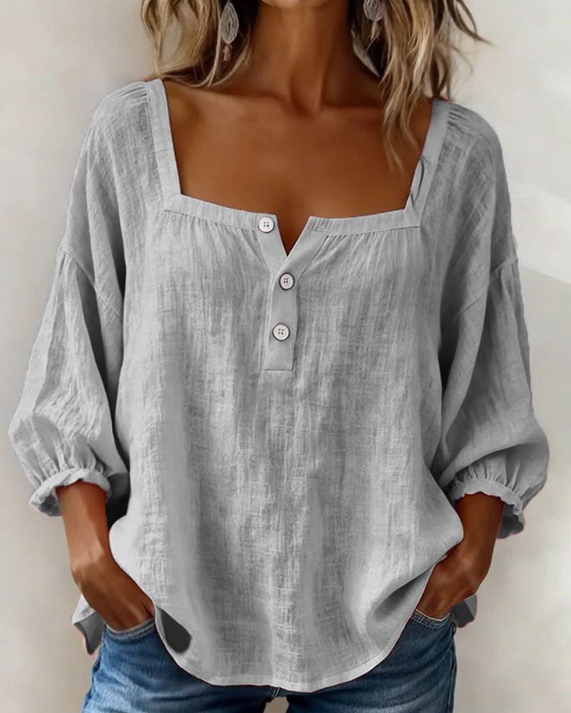Women's Linen-Look Square-Neck Blouse with Puff Sleeves and Buttons - Maisie London