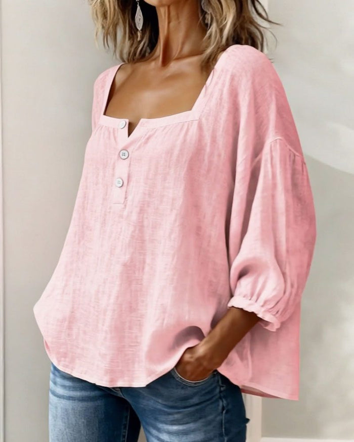 Women's Linen-Look Square-Neck Blouse with Puff Sleeves and Buttons - Maisie London