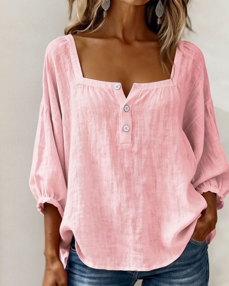 Women's Linen-Look Square-Neck Blouse with Puff Sleeves and Buttons - Maisie London