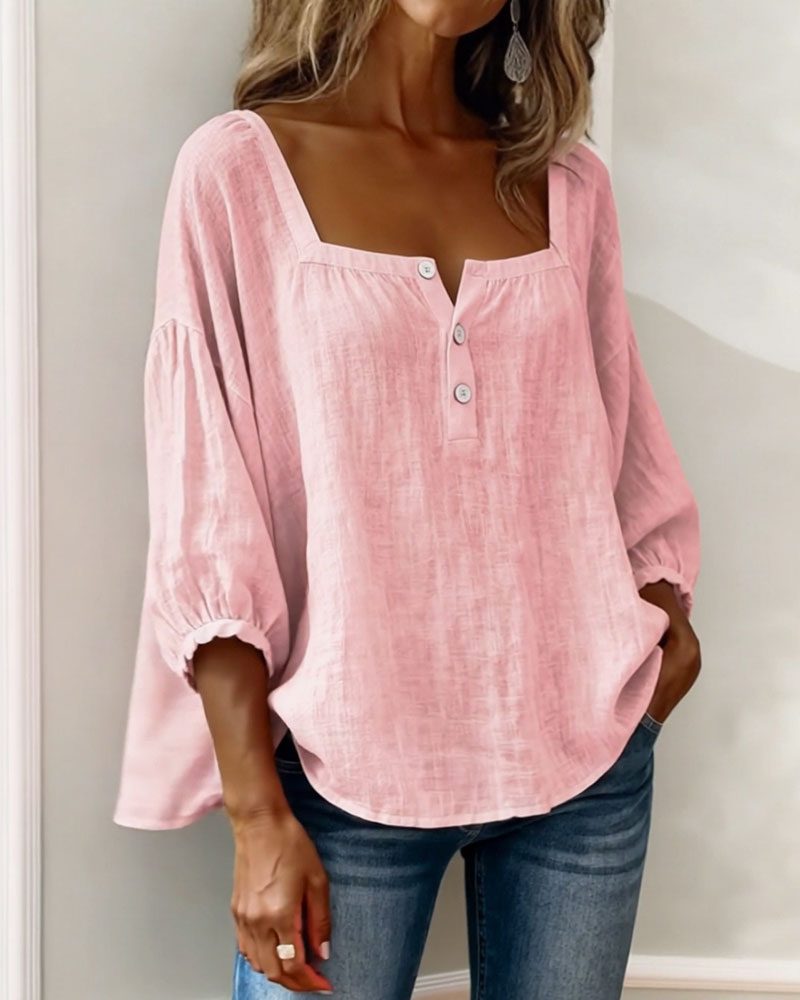 Women's Linen-Look Square-Neck Blouse with Puff Sleeves and Buttons - Maisie London