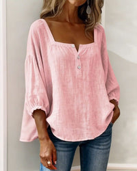 Women's Linen-Look Square-Neck Blouse with Puff Sleeves and Buttons - Maisie London
