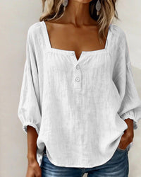 Women's Linen-Look Square-Neck Blouse with Puff Sleeves and Buttons - Maisie London