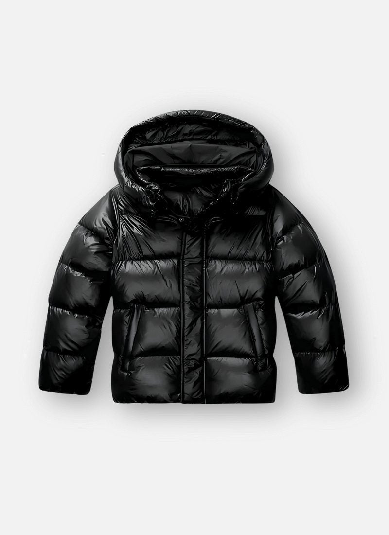 Women's High-Shine Quilted Oversized Puffer Jacket with Hood and Zip - Maisie London