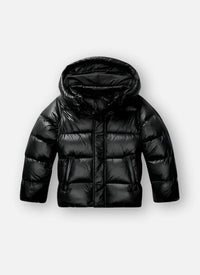 Women's High-Shine Quilted Oversized Puffer Jacket with Hood and Zip - Maisie London