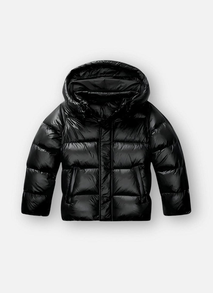 Women's High-Shine Quilted Oversized Puffer Jacket with Hood and Zip - Maisie London