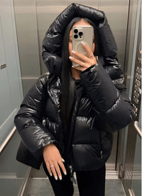 Women's High-Shine Quilted Oversized Puffer Jacket with Hood and Zip - Maisie London