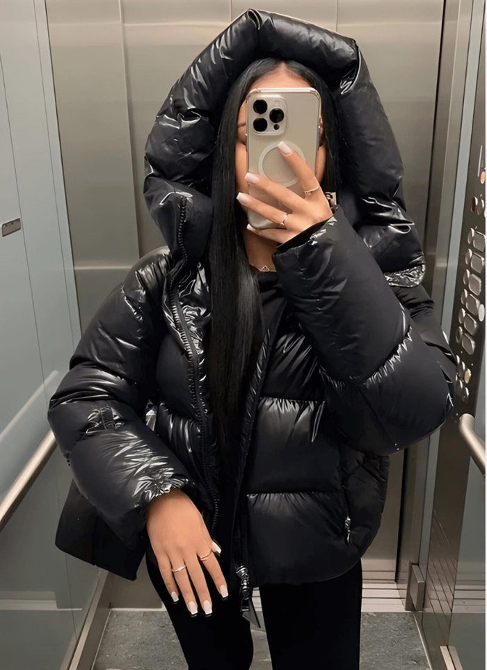 Women's High-Shine Quilted Oversized Puffer Jacket with Hood and Zip - Maisie London