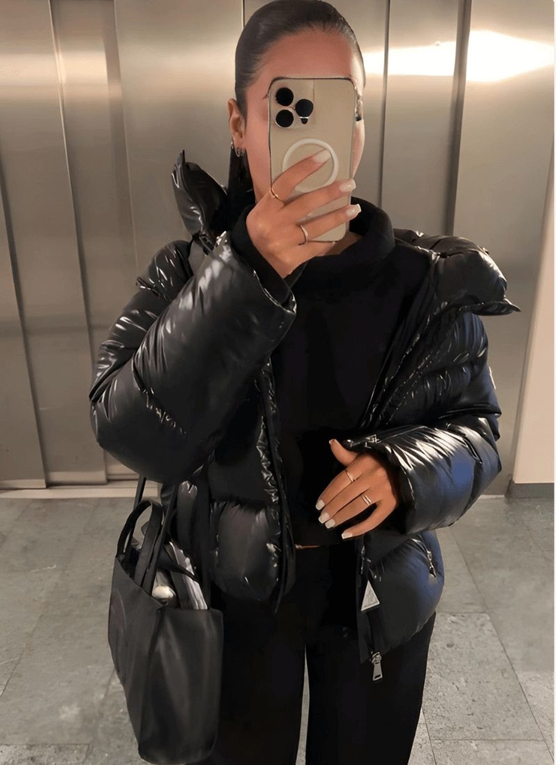 Women's High-Shine Quilted Oversized Puffer Jacket with Hood and Zip - Maisie London