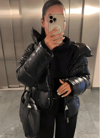 Women's High-Shine Quilted Oversized Puffer Jacket with Hood and Zip - Maisie London