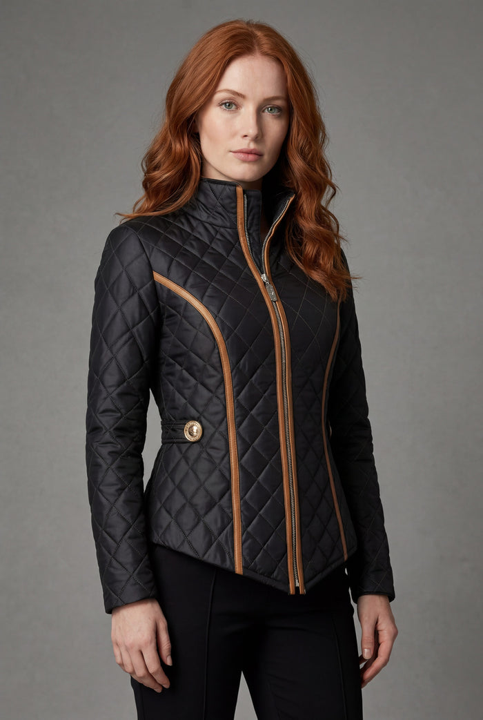 Women's Black Quilted Jacket with Contrast Piping and Funnel Collar - Maisie London