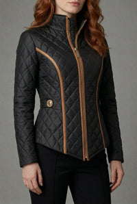 Women's Black Quilted Jacket with Contrast Piping and Funnel Collar - Maisie London