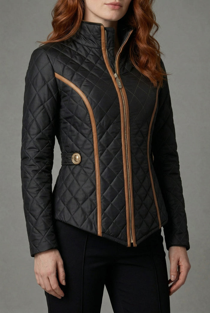 Women's Black Quilted Jacket with Contrast Piping and Funnel Collar - Maisie London