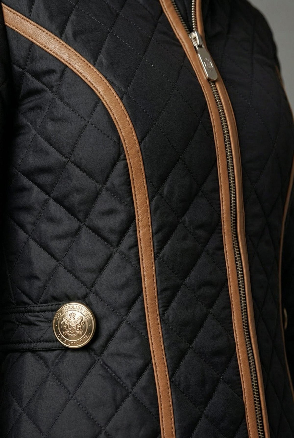 Women's Black Quilted Jacket with Contrast Piping and Funnel Collar - Maisie London