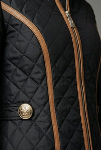 Women's Black Quilted Jacket with Contrast Piping and Funnel Collar - Maisie London
