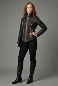 Women's Black Quilted Jacket with Contrast Piping and Funnel Collar - Maisie London