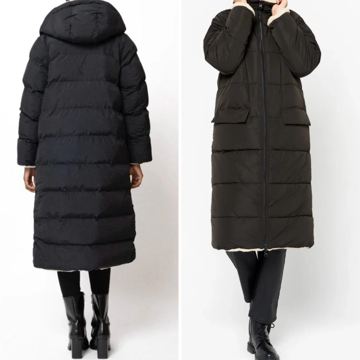Women's Reversible Quilted Longline Puffer Coat with Hood and Zip - Maisie London
