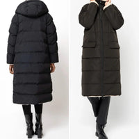 Women's Reversible Quilted Longline Puffer Coat with Hood and Zip - Maisie London