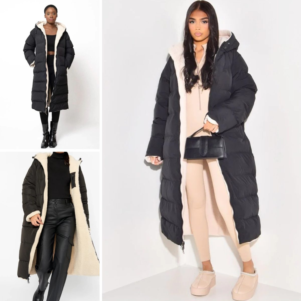 Women's Reversible Quilted Longline Puffer Coat with Hood and Zip - Maisie London