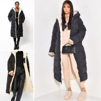 Women's Reversible Quilted Longline Puffer Coat with Hood and Zip - Maisie London