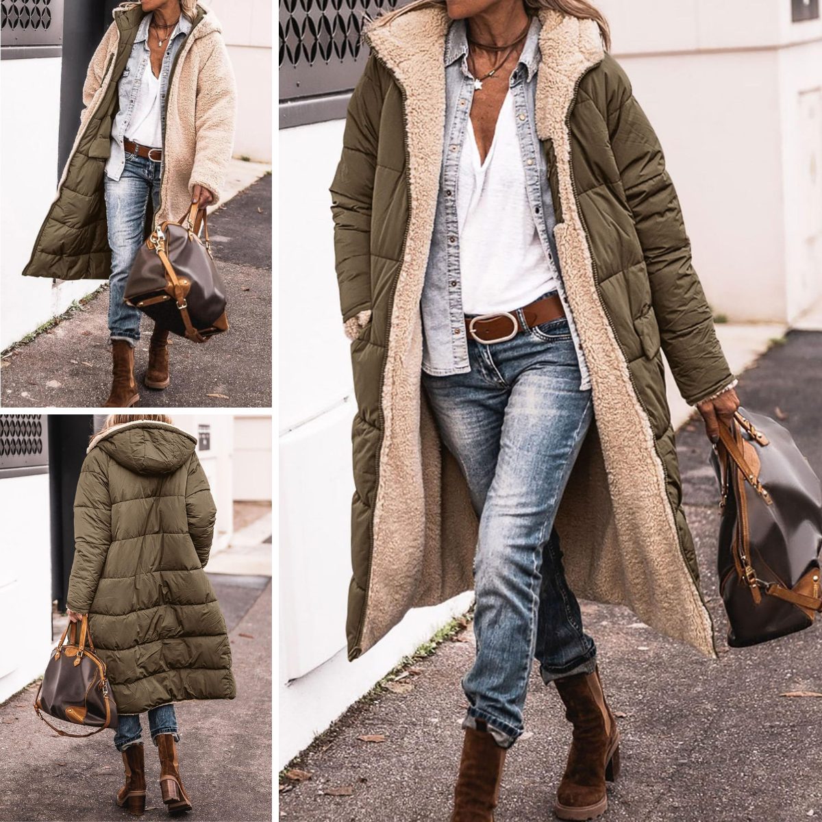 Women's Reversible Quilted Longline Puffer Coat with Hood and Zip - Maisie London