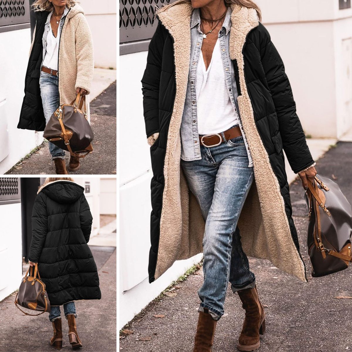 Women's Reversible Quilted Longline Puffer Coat with Hood and Zip - Maisie London