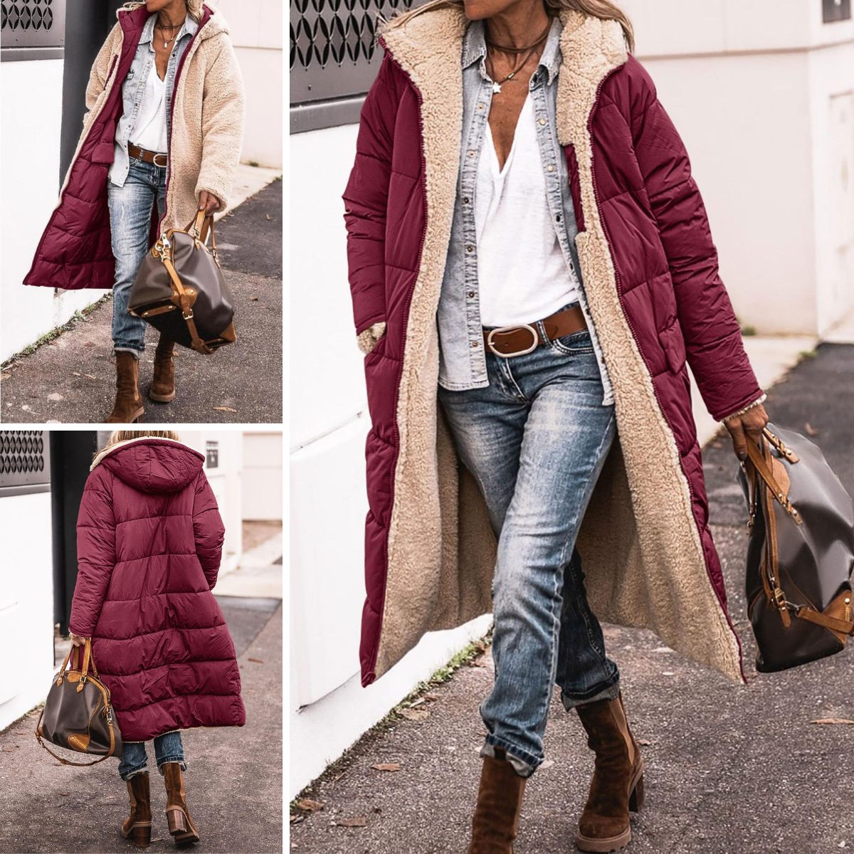 Women's Reversible Quilted Longline Puffer Coat with Hood and Zip - Maisie London