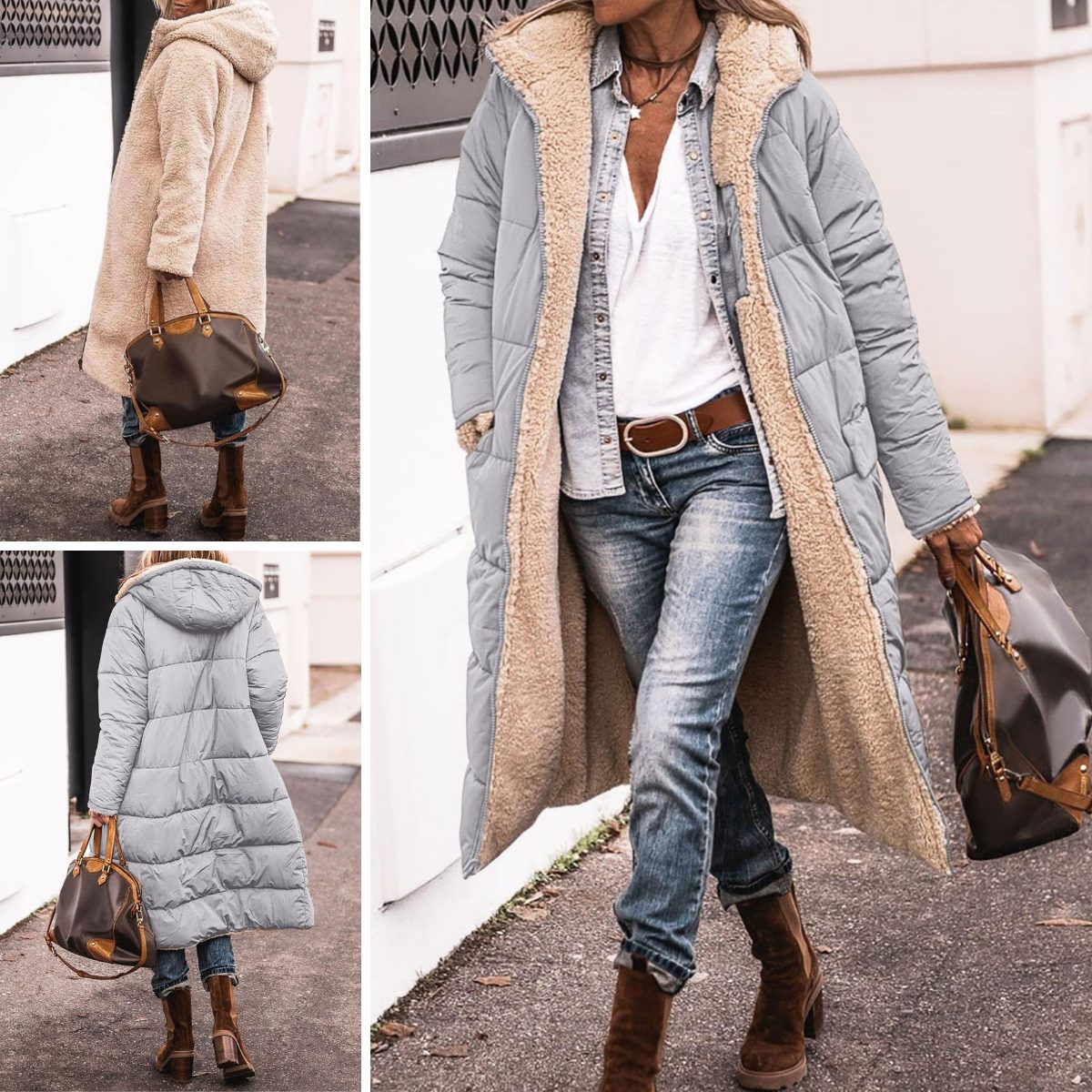 Women's Reversible Quilted Longline Puffer Coat with Hood and Zip - Maisie London