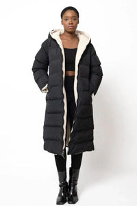 Women's Reversible Quilted Longline Puffer Coat with Hood and Zip - Maisie London