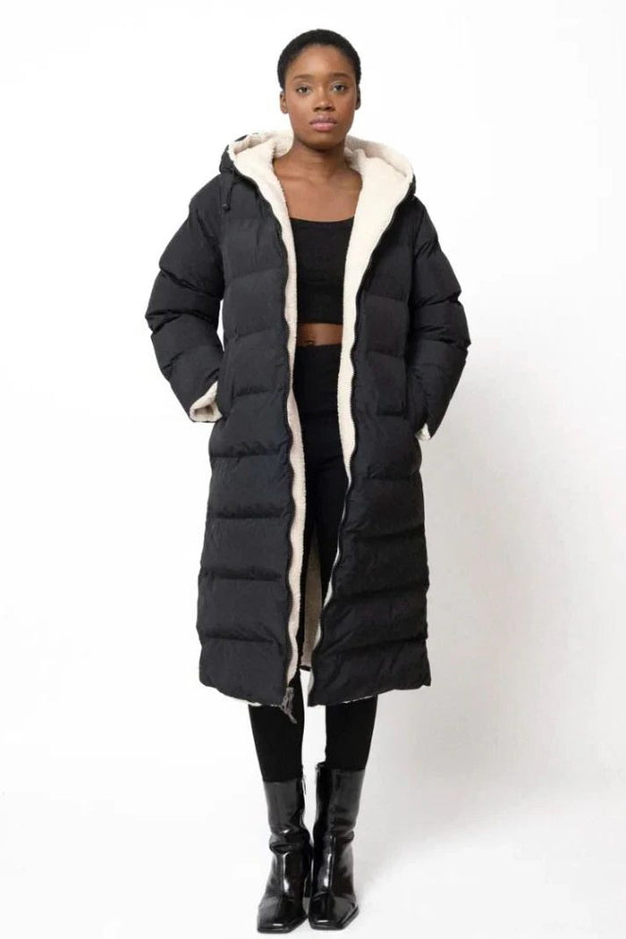 Women's Reversible Quilted Longline Puffer Coat with Hood and Zip - Maisie London
