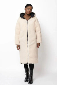 Women's Reversible Quilted Longline Puffer Coat with Hood and Zip - Maisie London