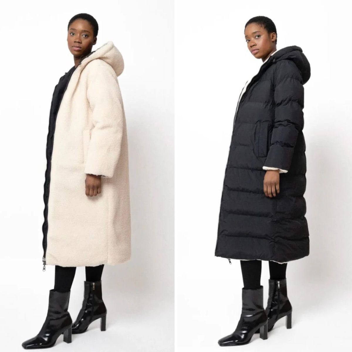 Women's Reversible Quilted Longline Puffer Coat with Hood and Zip - Maisie London