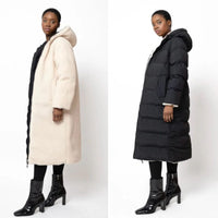 Women's Reversible Quilted Longline Puffer Coat with Hood and Zip - Maisie London