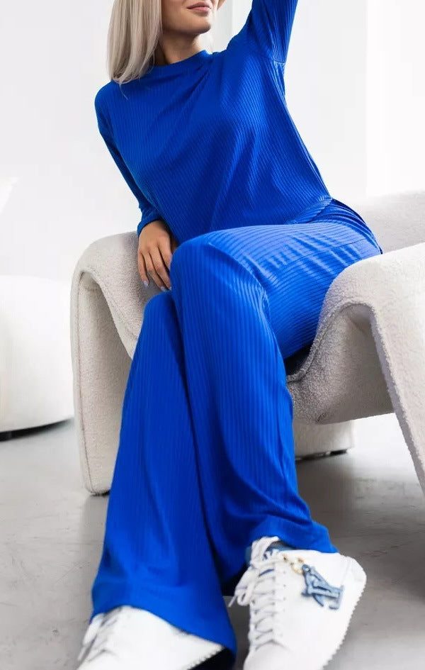 Women's Ribbed Knit Wide-Leg Co-ord Set with Long-Sleeve Top - Maisie London