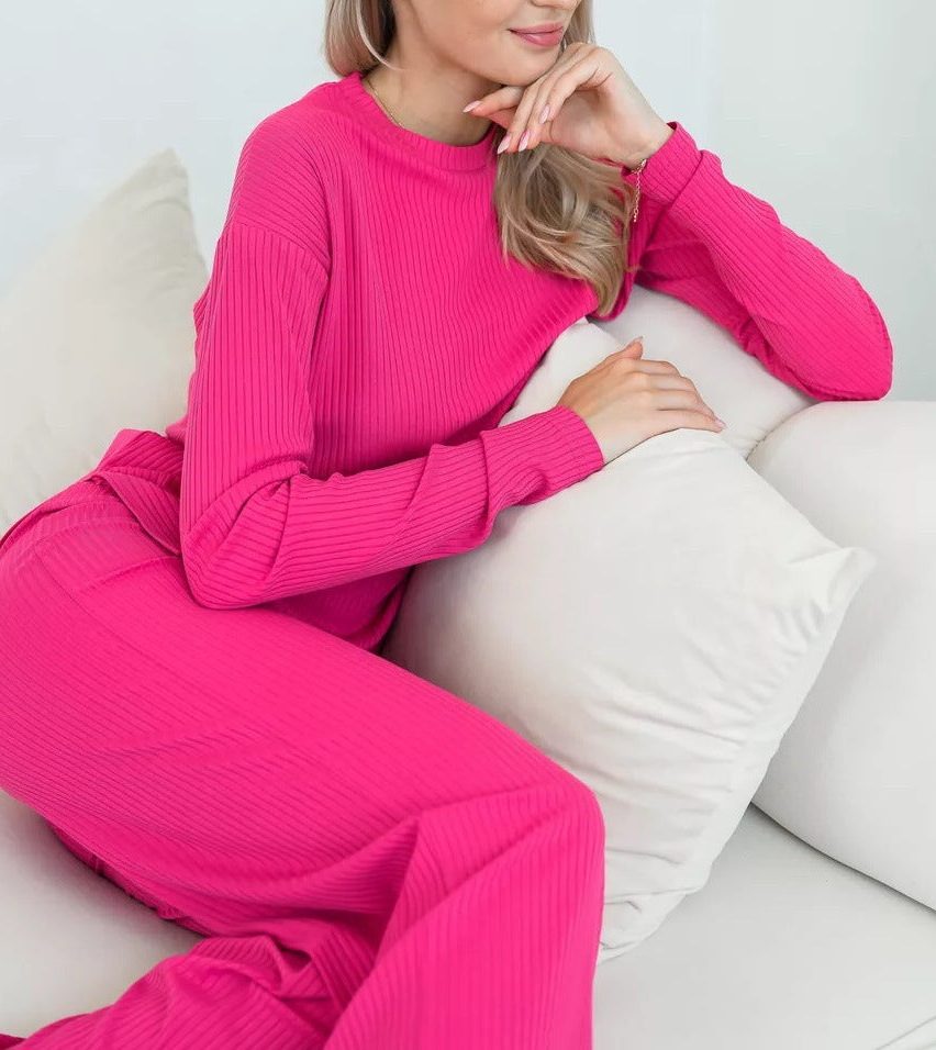 Women's Ribbed Knit Wide-Leg Co-ord Set with Long-Sleeve Top - Maisie London