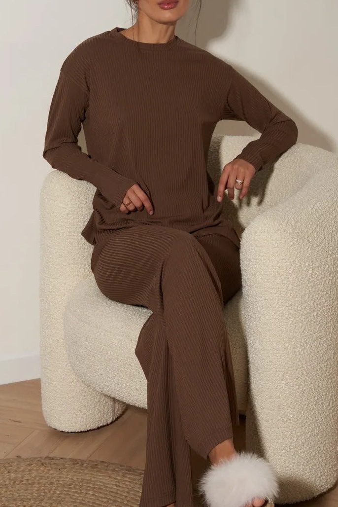 Women's Ribbed Knit Wide-Leg Co-ord Set with Long-Sleeve Top - Maisie London