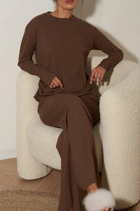 Women's Ribbed Knit Wide-Leg Co-ord Set with Long-Sleeve Top - Maisie London