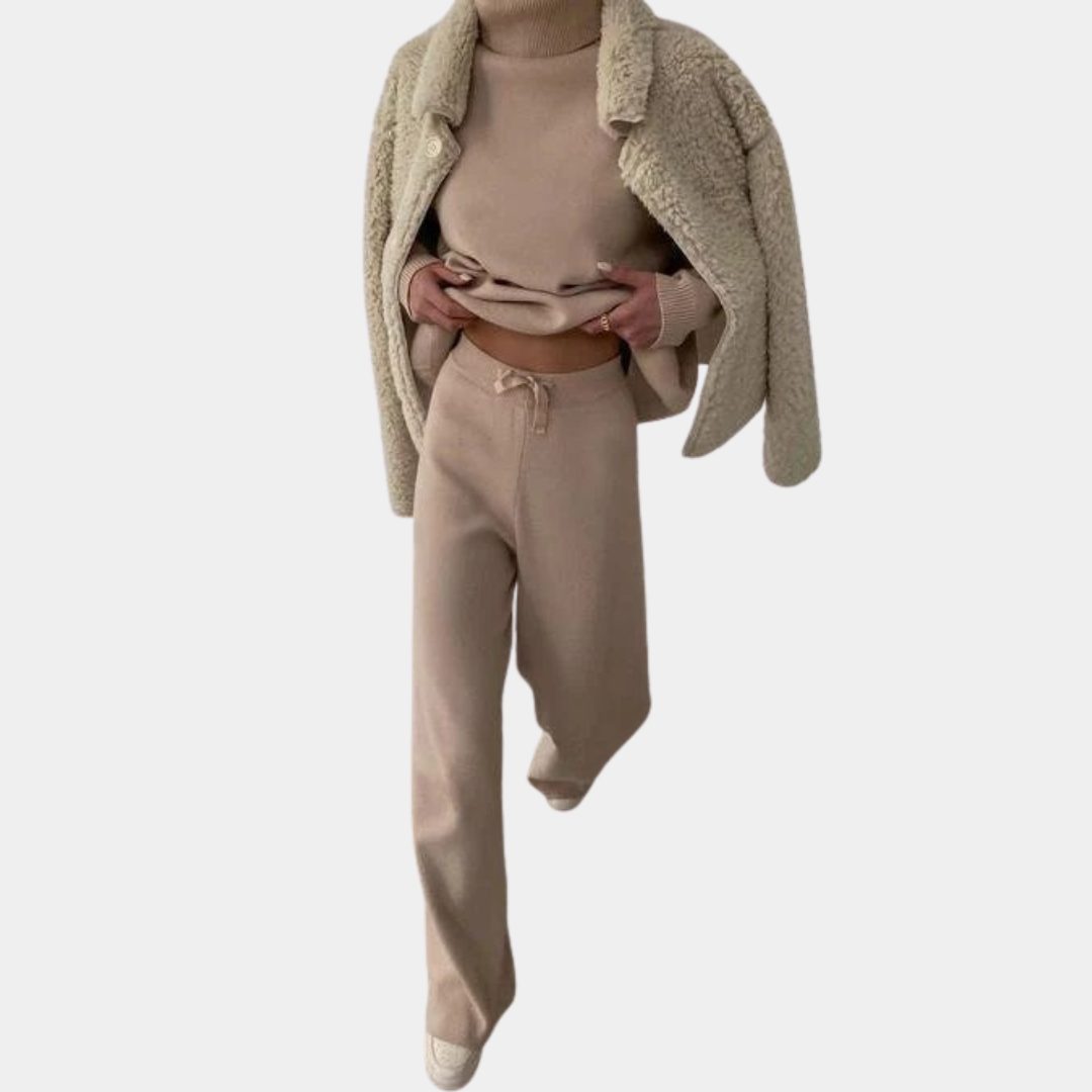 Women's Knitted Roll Neck Wide-Leg Co-ord Set with Drawstring Waist - Maisie London