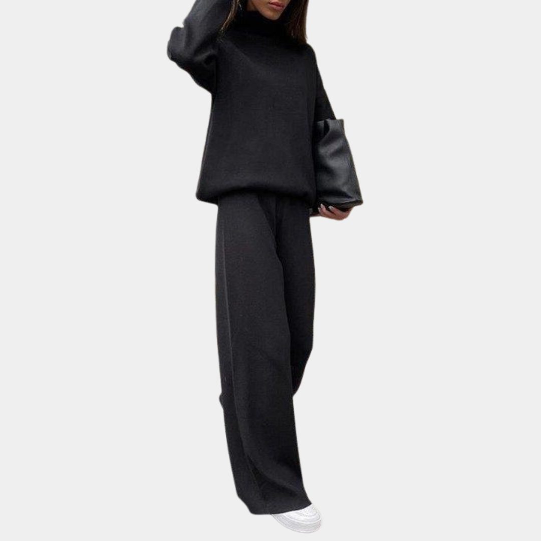 Women's Knitted Roll Neck Wide-Leg Co-ord Set with Drawstring Waist - Maisie London