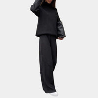 Women's Knitted Roll Neck Wide-Leg Co-ord Set with Drawstring Waist - Maisie London