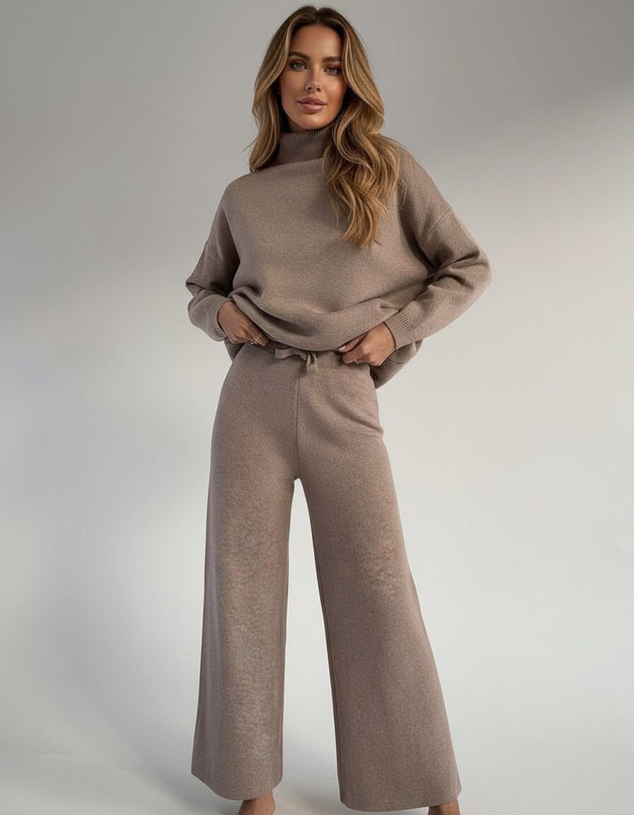Women's Knitted Roll Neck Wide-Leg Co-ord Set with Drawstring Waist - Maisie London