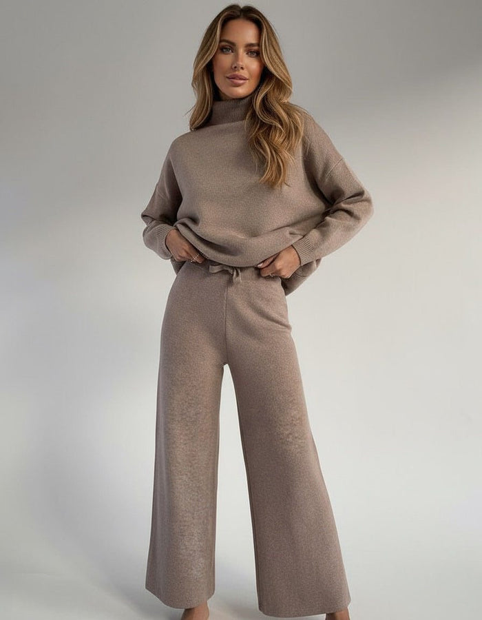 Women's Knitted Roll Neck Wide-Leg Co-ord Set with Drawstring Waist - Maisie London