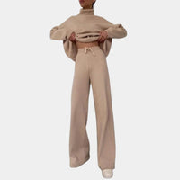 Women's Knitted Roll Neck Wide-Leg Co-ord Set with Drawstring Waist - Maisie London