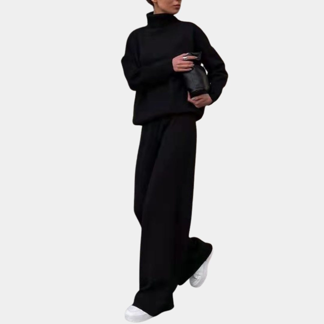 Women's Knitted Roll Neck Wide-Leg Co-ord Set with Drawstring Waist - Maisie London