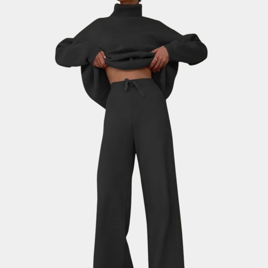 Women's Knitted Roll Neck Wide-Leg Co-ord Set with Drawstring Waist - Maisie London