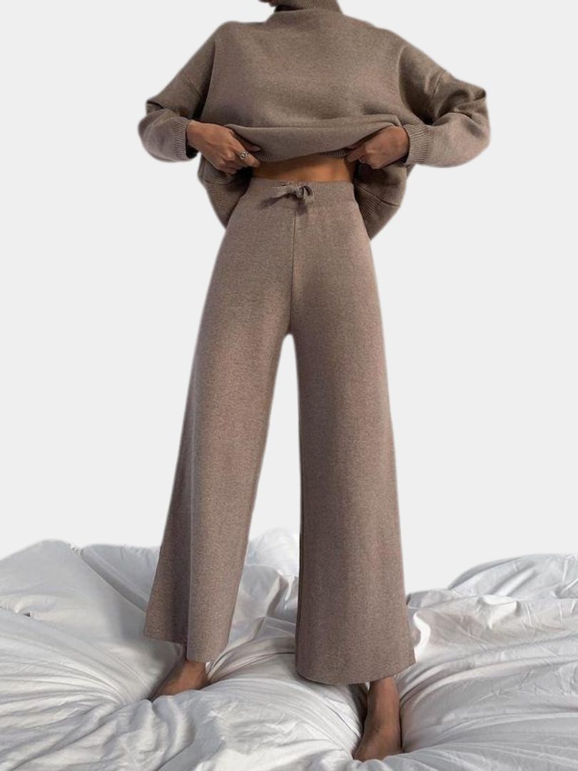 Women's Knitted Roll Neck Wide-Leg Co-ord Set with Drawstring Waist - Maisie London
