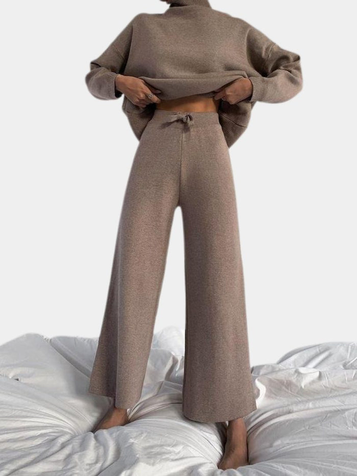 Women's Knitted Roll Neck Wide-Leg Co-ord Set with Drawstring Waist - Maisie London