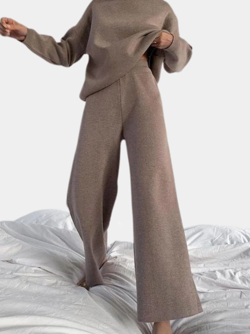Women's Knitted Roll Neck Wide-Leg Co-ord Set with Drawstring Waist - Maisie London